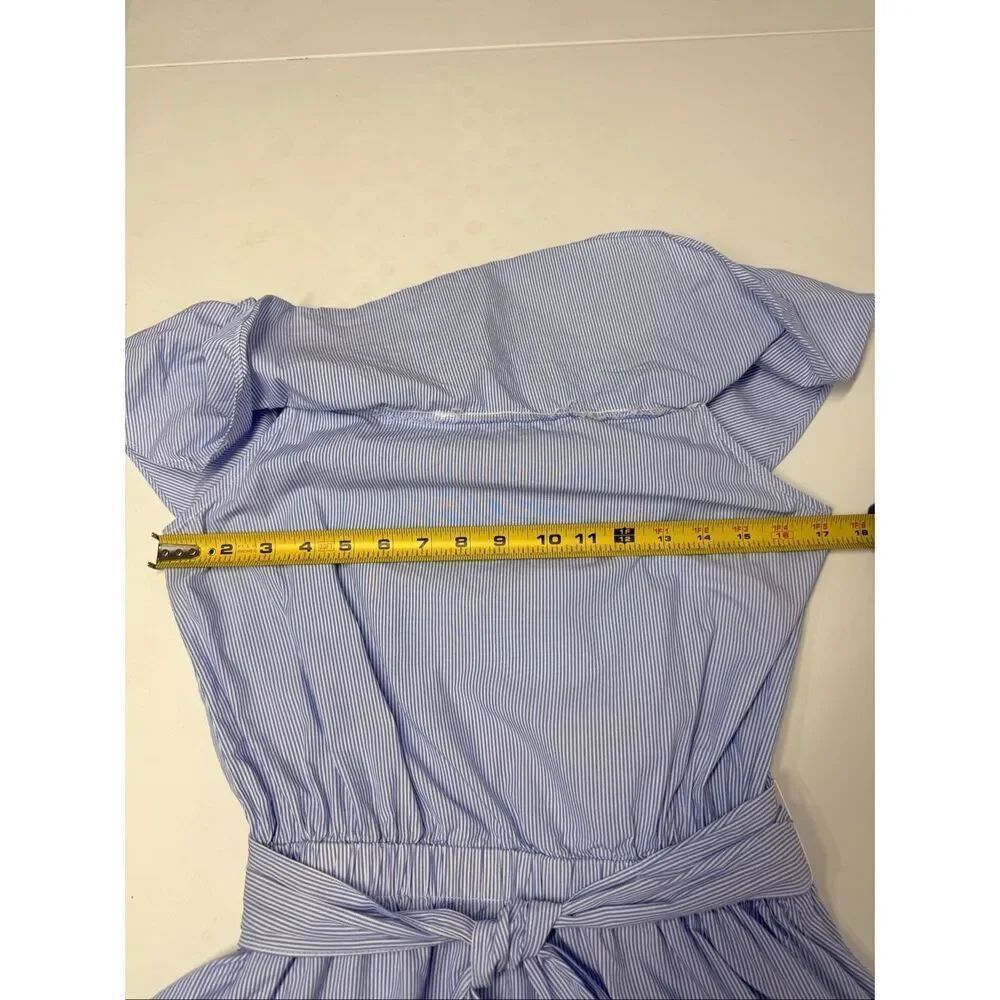 Saks Fifth Avenue Blue Striped Off Shoulder Dress Belted High Low Cotton Size L - Picture 11 of 16